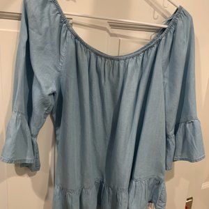 Off shoulder light blue peasant blouse